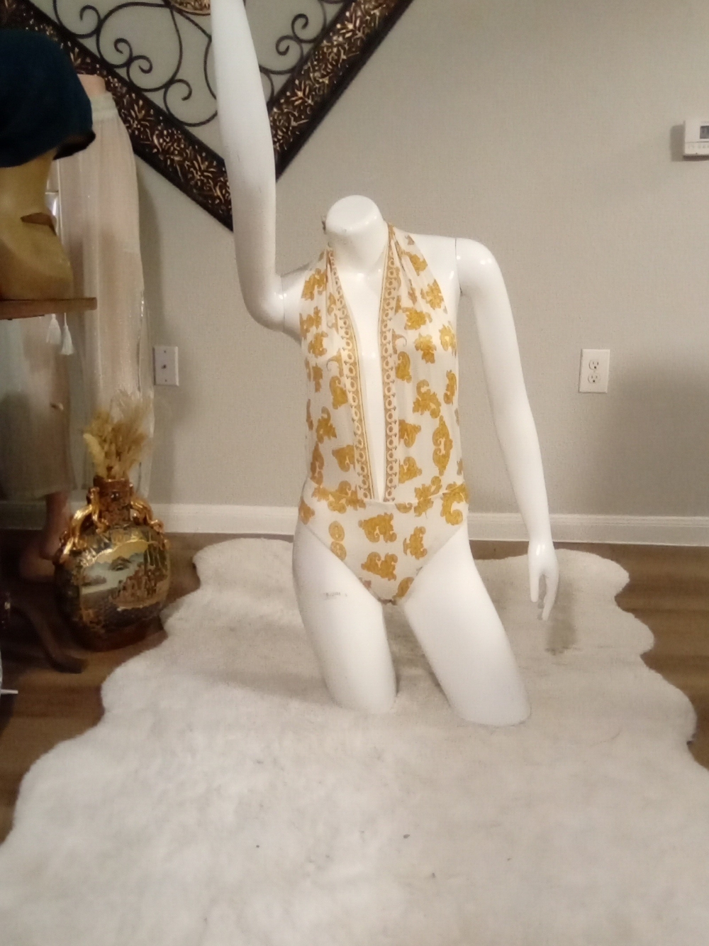 White and Gold Halter One-Piece Swimsuit